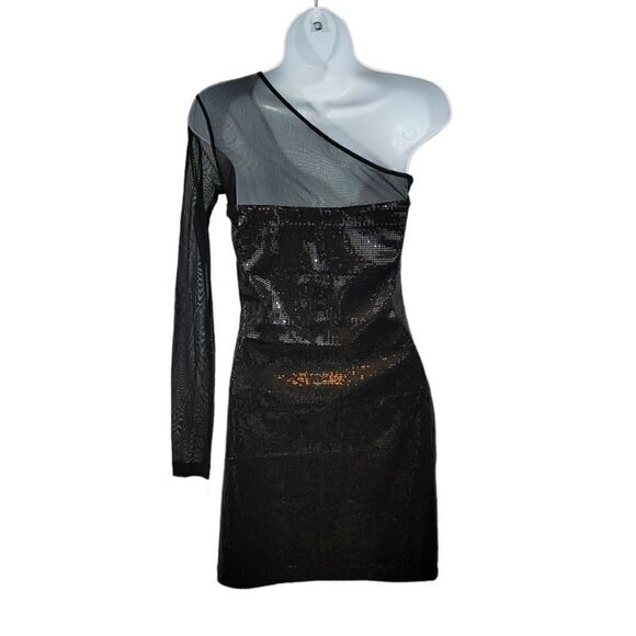 Forever 21 Sheer Mesh One Shoulder Sequin Little Black Dress Size Small - Picture 5 of 8